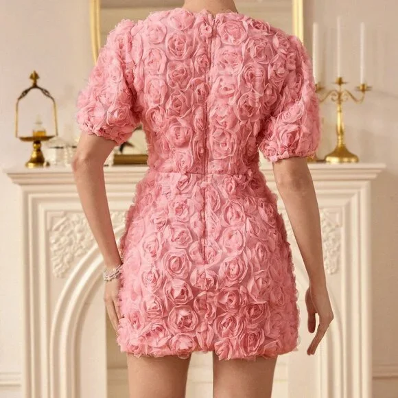 Pink Party Women's 3d Floral Decor Mini Dress with Cinched Waist - Picture 2 of 7